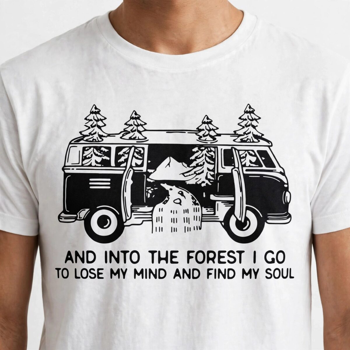 into the forest vintage camper quote for travel and camping shirts vintage camper svg design printed on a plain product mockup