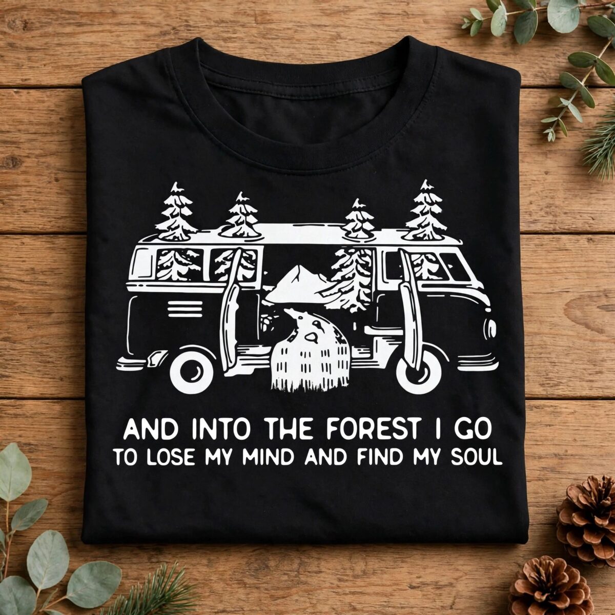 into the forest vintage camper quote for travel and camping shirts vintage camper svg design printed on a plain product mockup