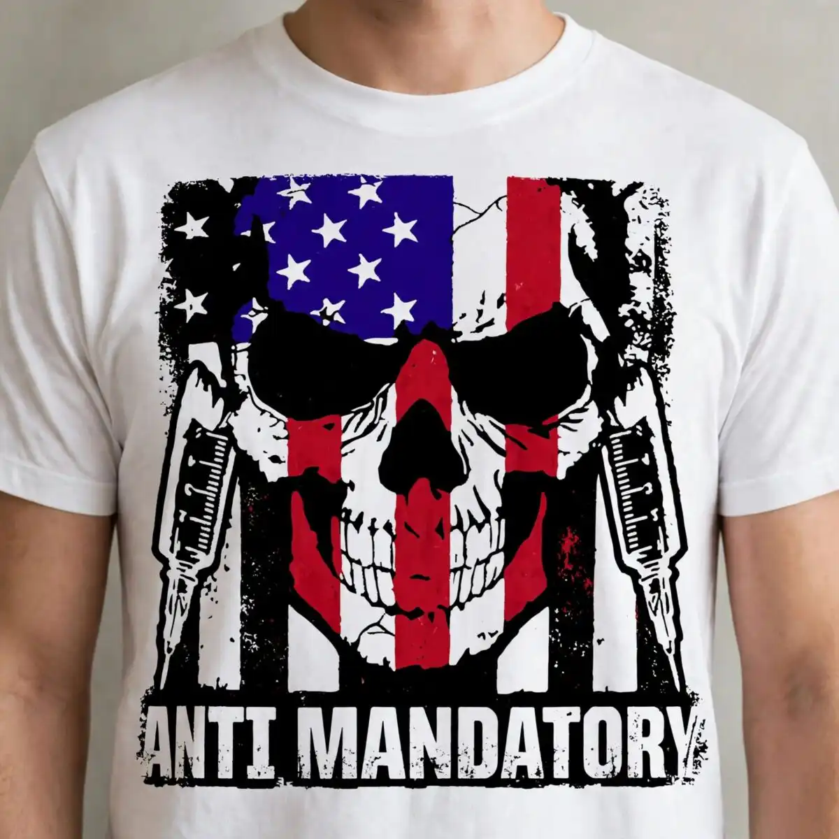 anti mandatory skull and distressed american flag vaccine protest cut file for shirts anti vaccine clipart design printed on a plain product mockup