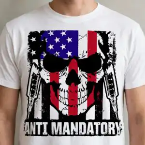 anti mandatory skull and distressed american flag vaccine protest cut file for shirts anti vaccine clipart design printed on a plain product mockup