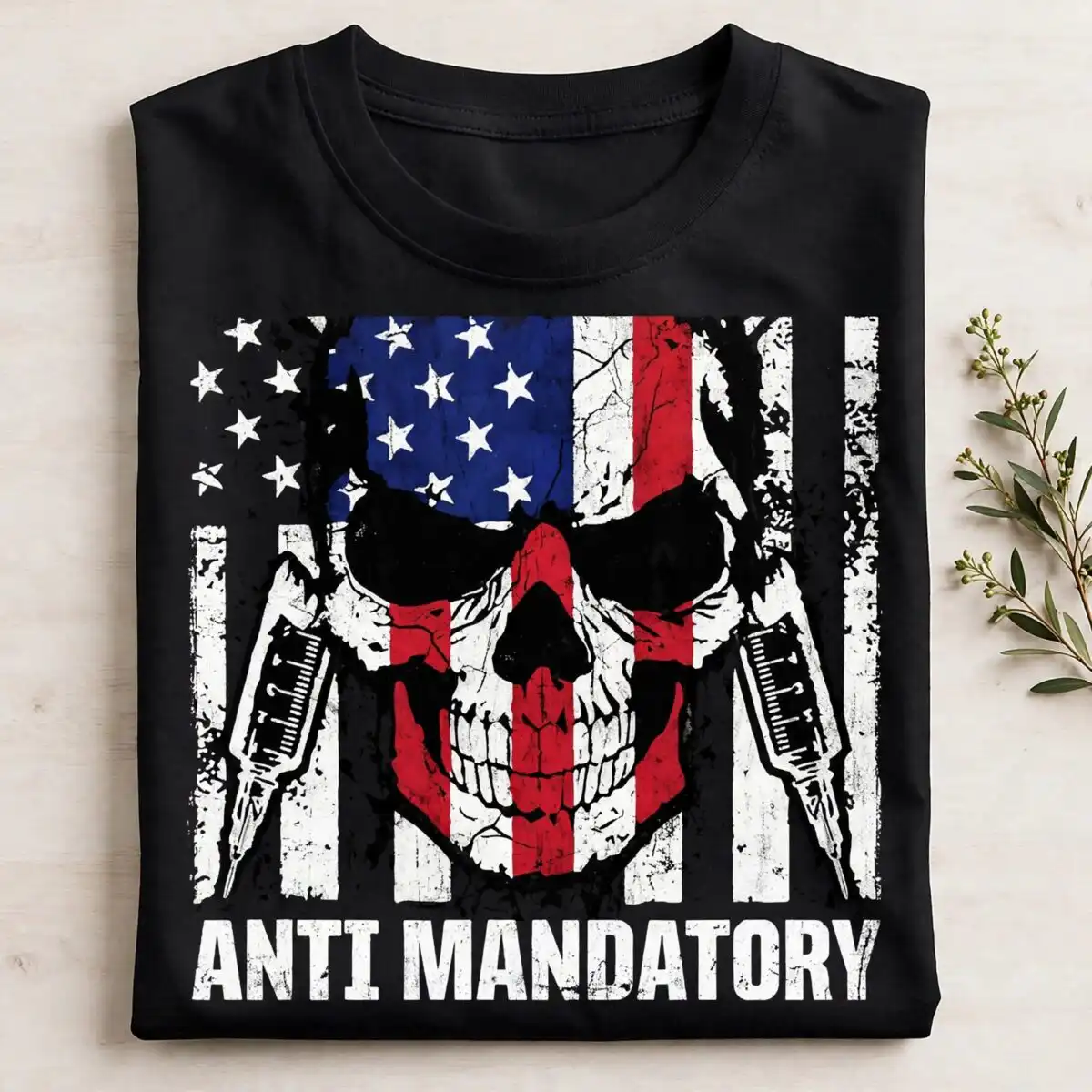 anti mandatory skull and distressed american flag vaccine protest cut file for shirts anti vaccine clipart design printed on a plain product mockup