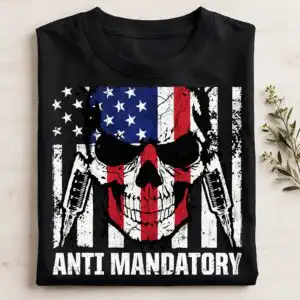 anti mandatory skull and distressed american flag vaccine protest cut file for shirts anti vaccine clipart design printed on a plain product mockup