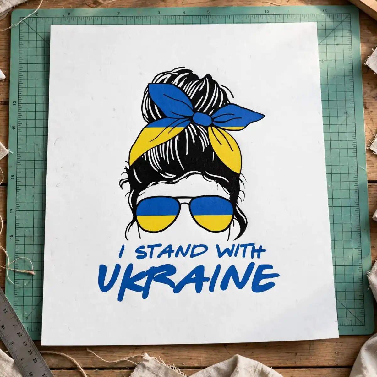 i stand with ukraine messy bun line art woman design for shirts, decals and tumblers stand ukraine messy bun svg design printed on a plain product mockup