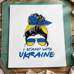 i stand with ukraine messy bun line art woman design for shirts, decals and tumblers stand ukraine messy bun svg design printed on a plain product mockup