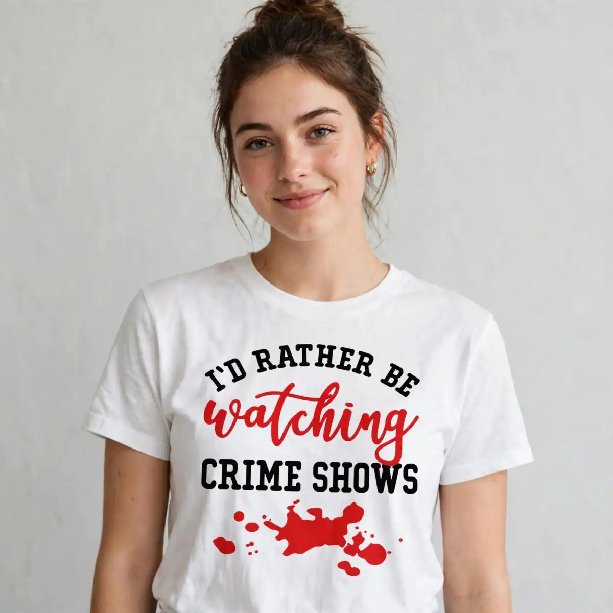 i'd rather be watching crime shows quote with blood splatter i'd rather be watching svg design printed on a plain product mockup