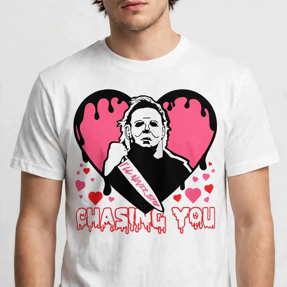 chasing you horror valentine svg design printed on a plain product mockup