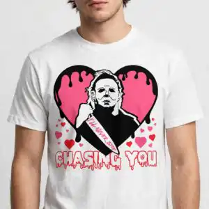 chasing you horror valentine svg design printed on a plain product mockup