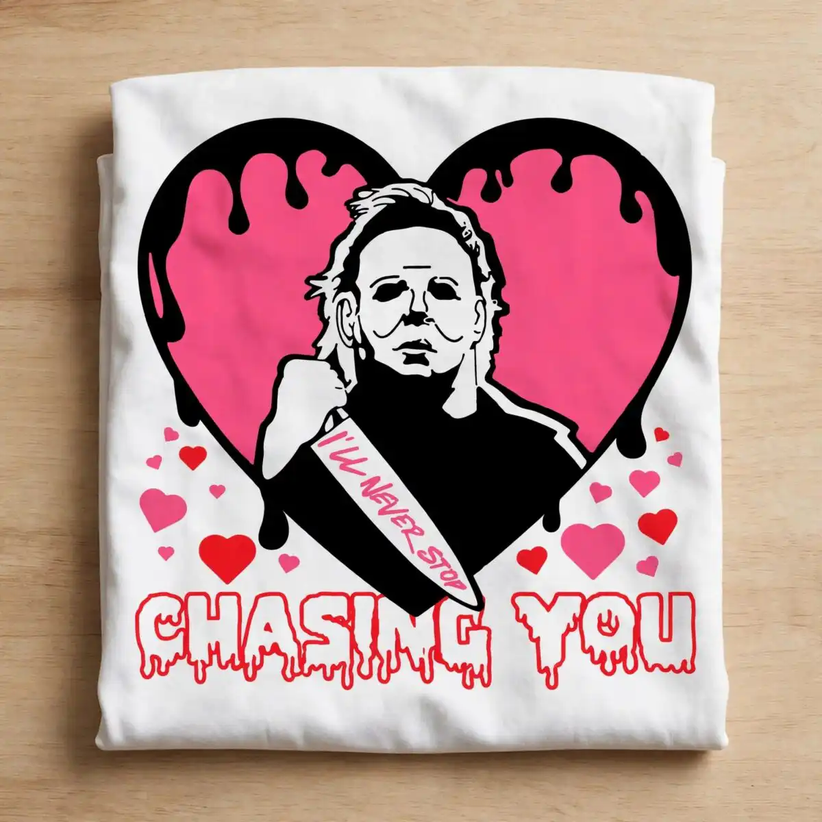 chasing you horror valentine svg design printed on a plain product mockup