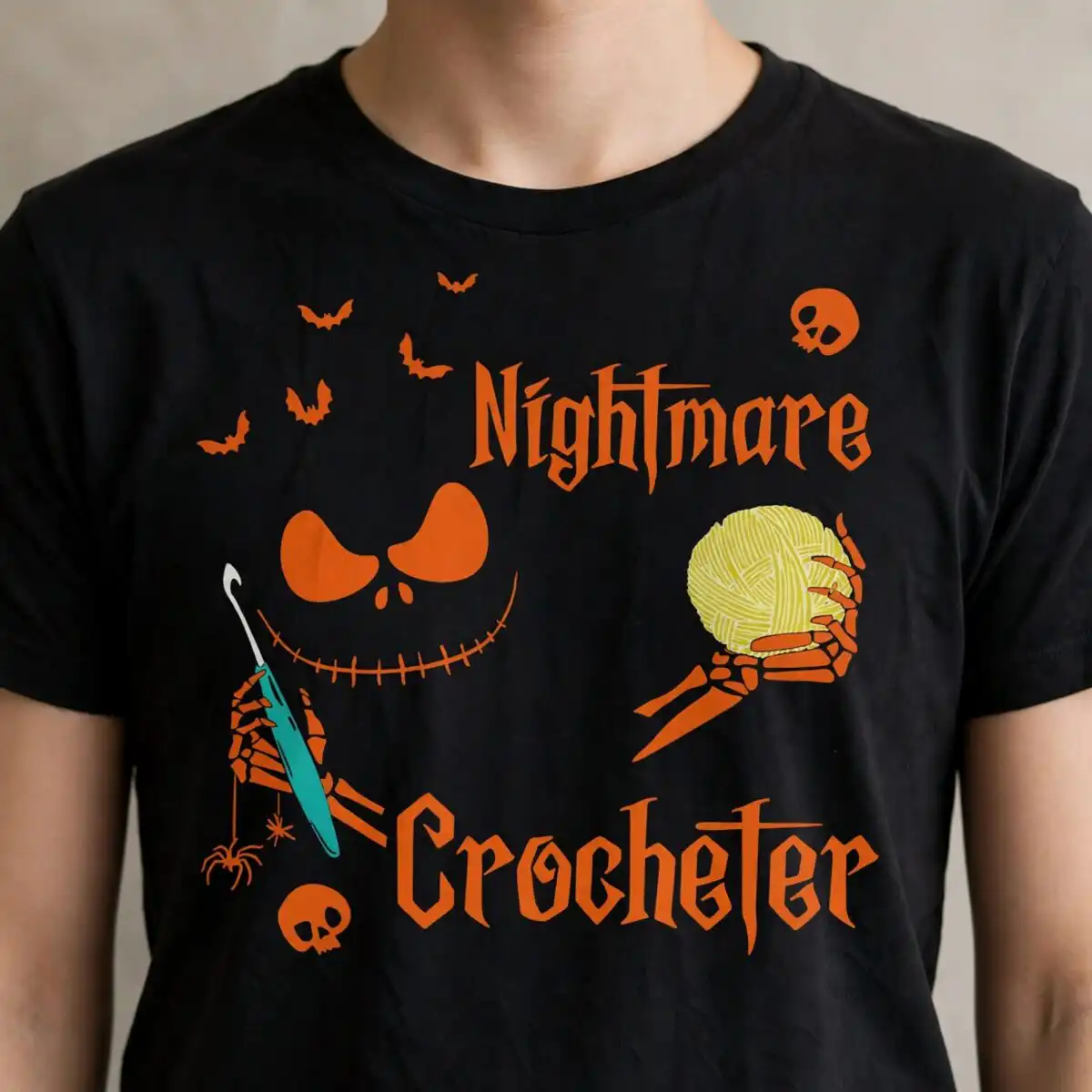 i'm a nightmare crocheter skellington design for halloween crochet lovers i'm nightmare crocheter skellington svg design printed on a plain product mockup