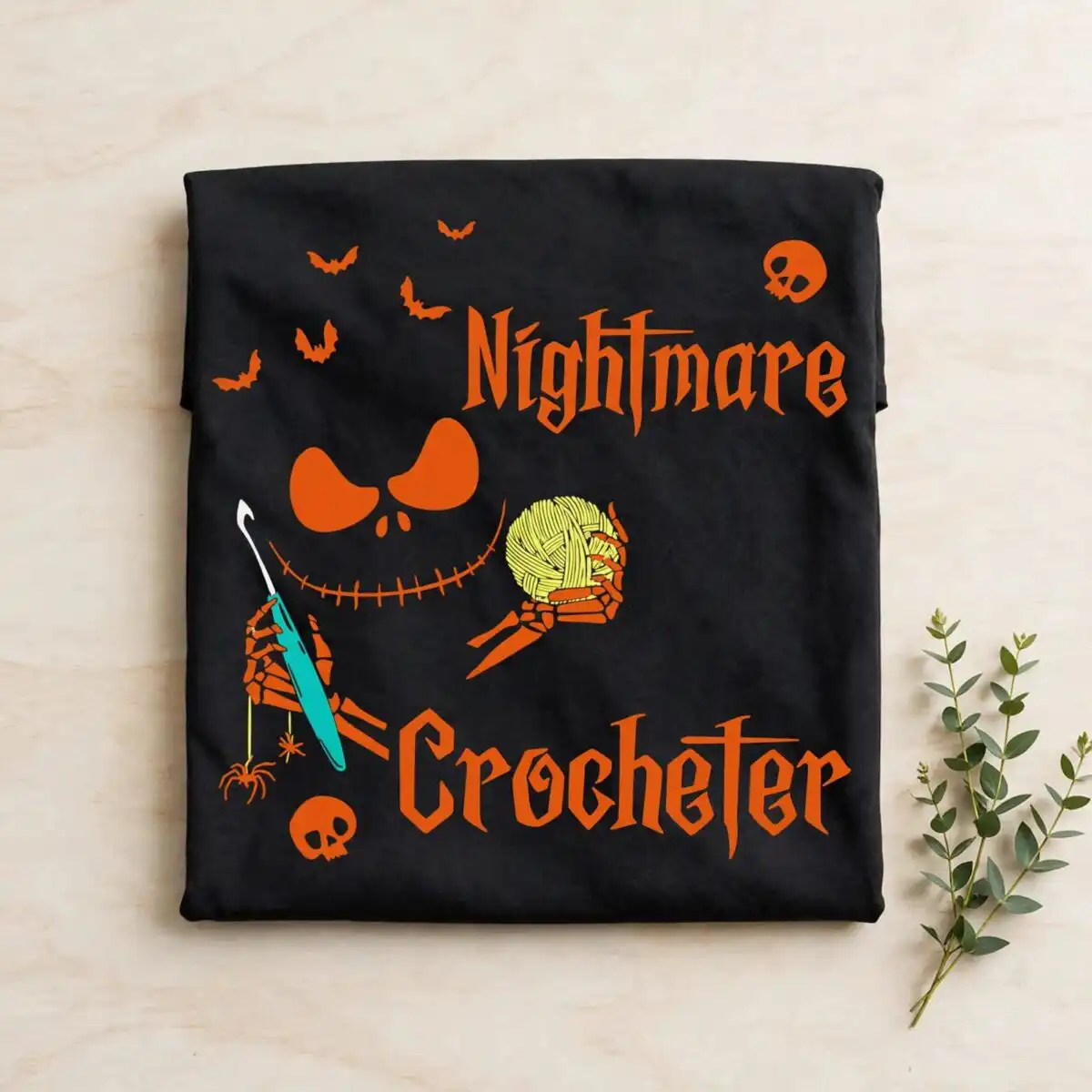 i'm a nightmare crocheter skellington design for halloween crochet lovers i'm nightmare crocheter skellington svg design printed on a plain product mockup