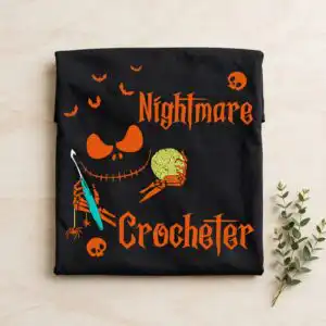 i'm a nightmare crocheter skellington design for halloween crochet lovers i'm nightmare crocheter skellington svg design printed on a plain product mockup