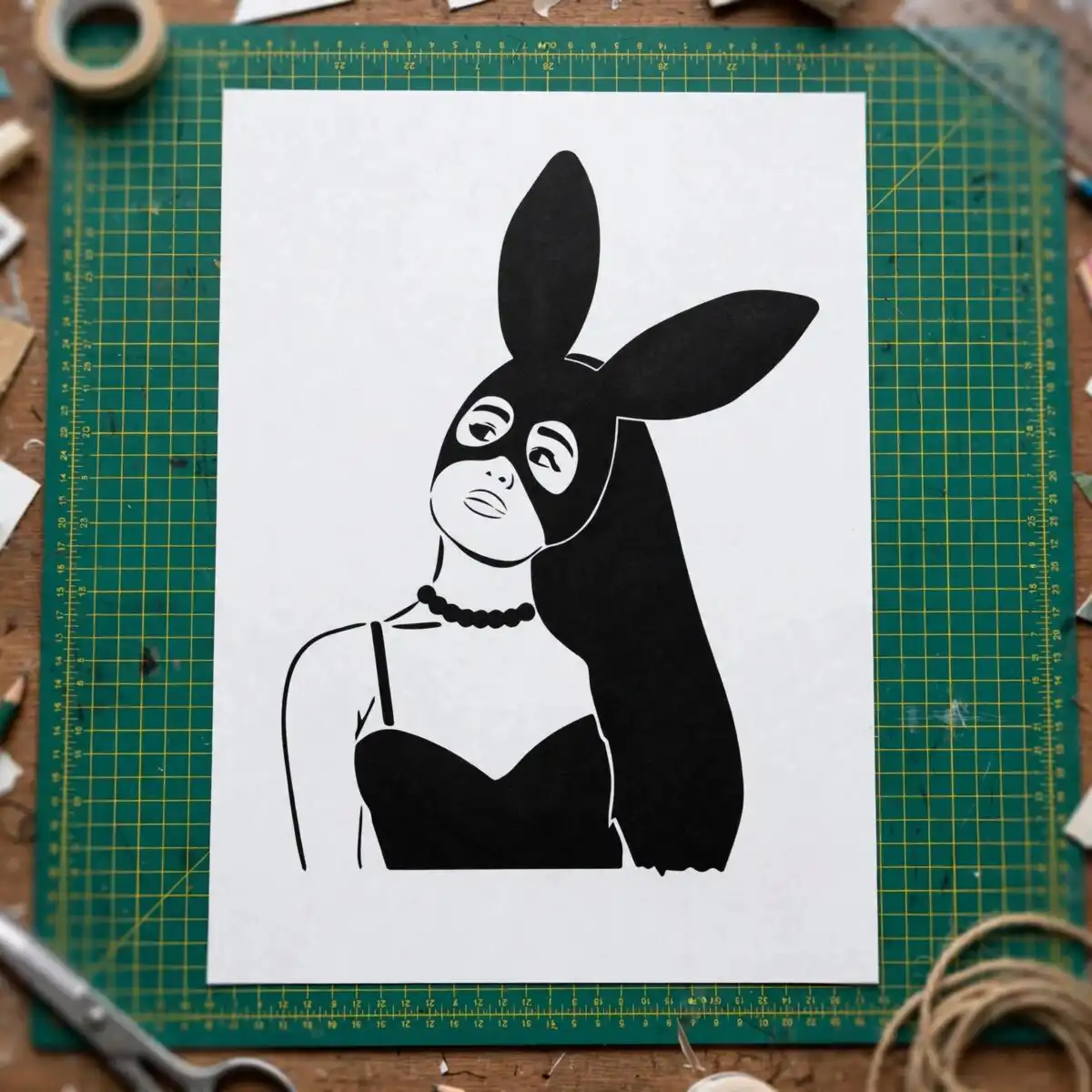 ariana grande inspired bunny ears mask woman silhouette cut file ariana grande svg design printed on a plain product mockup