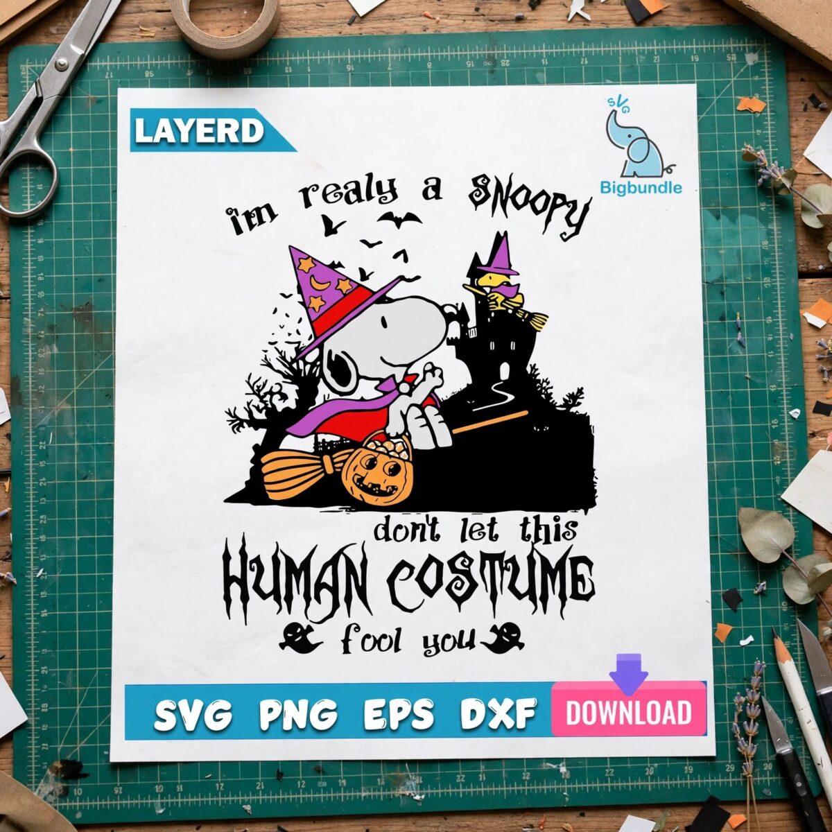 i'm realy a snoopy don't let this human costume fool you halloween beagle witch design i'm realy snoopy don't svg design printed on a plain product mockup
