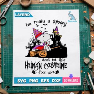 i'm realy a snoopy don't let this human costume fool you halloween beagle witch design i'm realy snoopy don't svg design printed on a plain product mockup