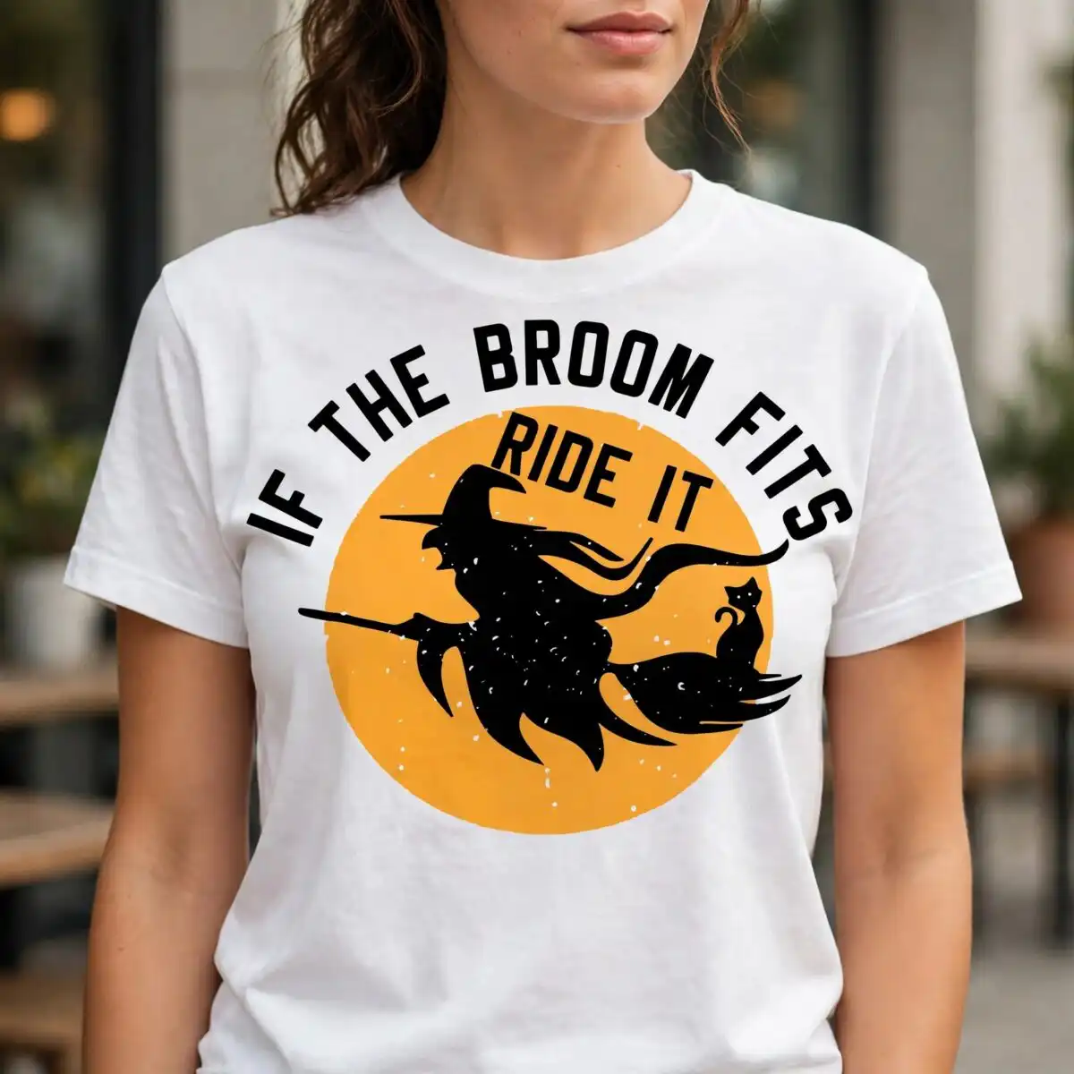 if the broom fits ride it witch silhouette over moon halloween design if broom fits ride svg design printed on a plain product mockup