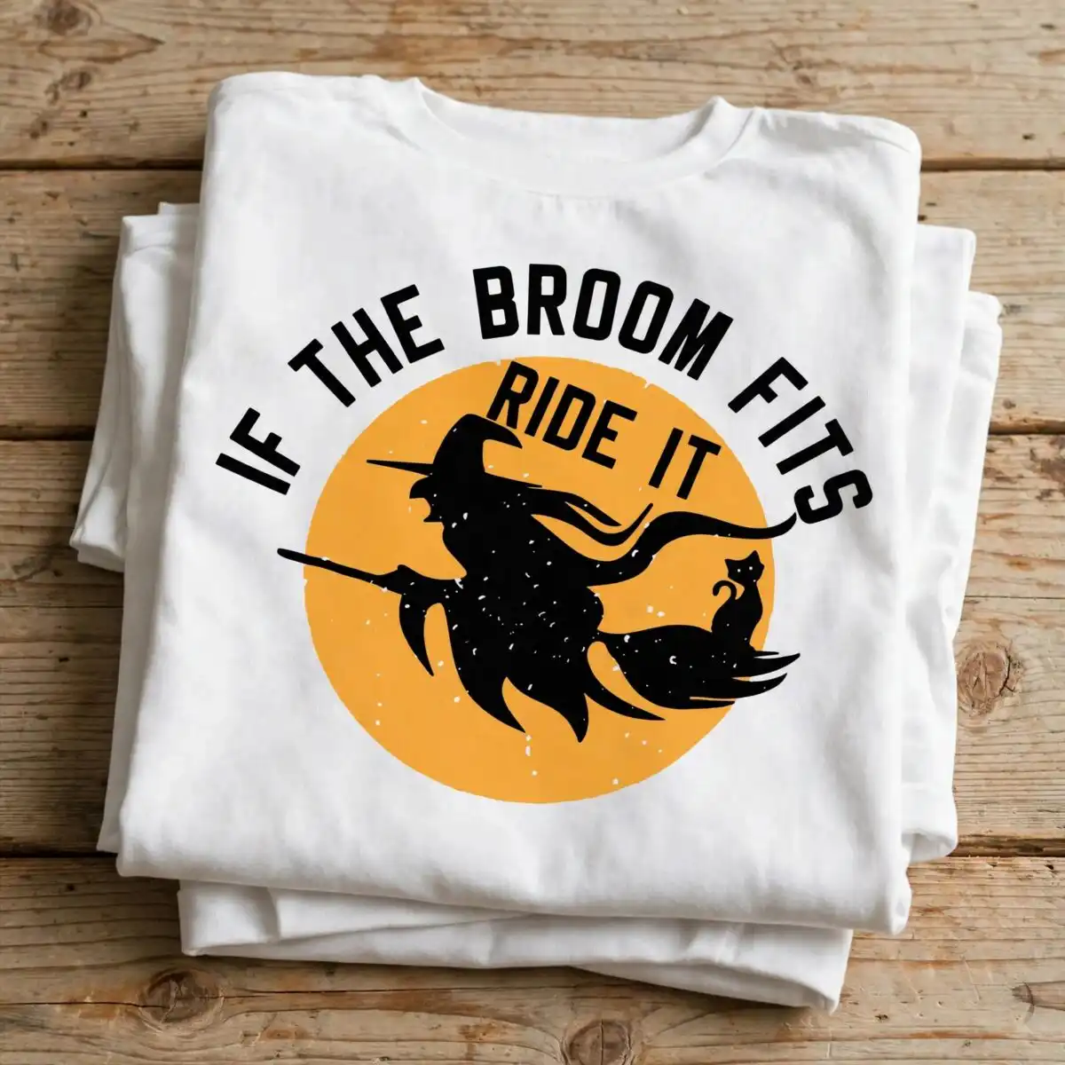 if the broom fits ride it witch silhouette over moon halloween design if broom fits ride svg design printed on a plain product mockup