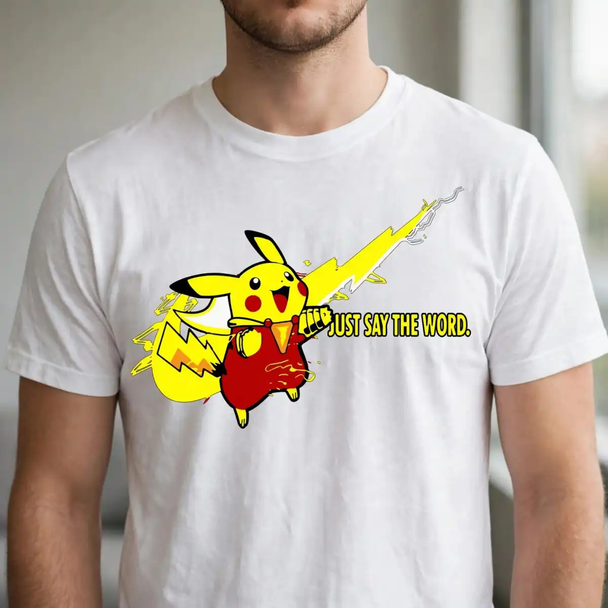 pikachu just say word svg design printed on a plain product mockup