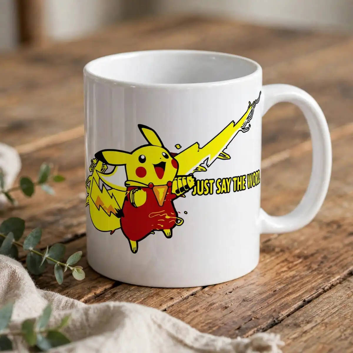 pikachu just say word svg design printed on a plain product mockup