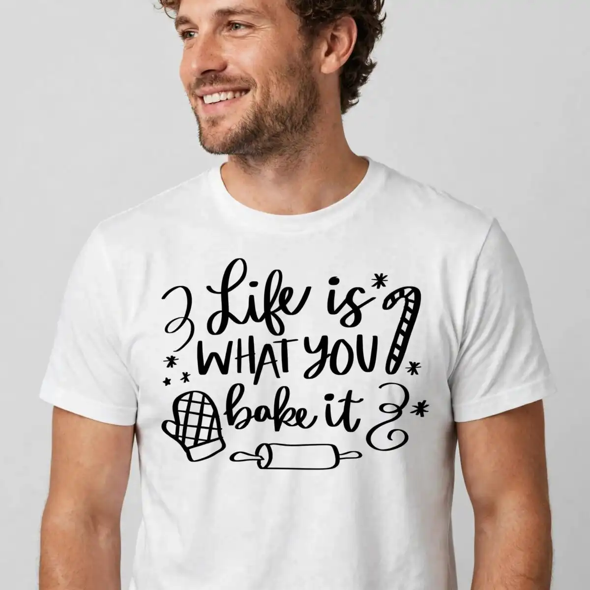 life is what you bake it cozy quote with oven mitt and rolling pin life is what you bake it svg design printed on a plain product mockup