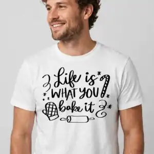 life is what you bake it cozy quote with oven mitt and rolling pin life is what you bake it svg design printed on a plain product mockup