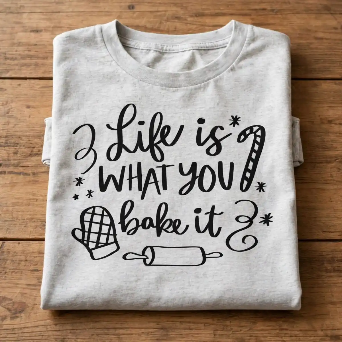 life is what you bake it cozy quote with oven mitt and rolling pin life is what you bake it svg design printed on a plain product mockup