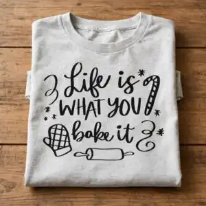 life is what you bake it cozy quote with oven mitt and rolling pin life is what you bake it svg design printed on a plain product mockup
