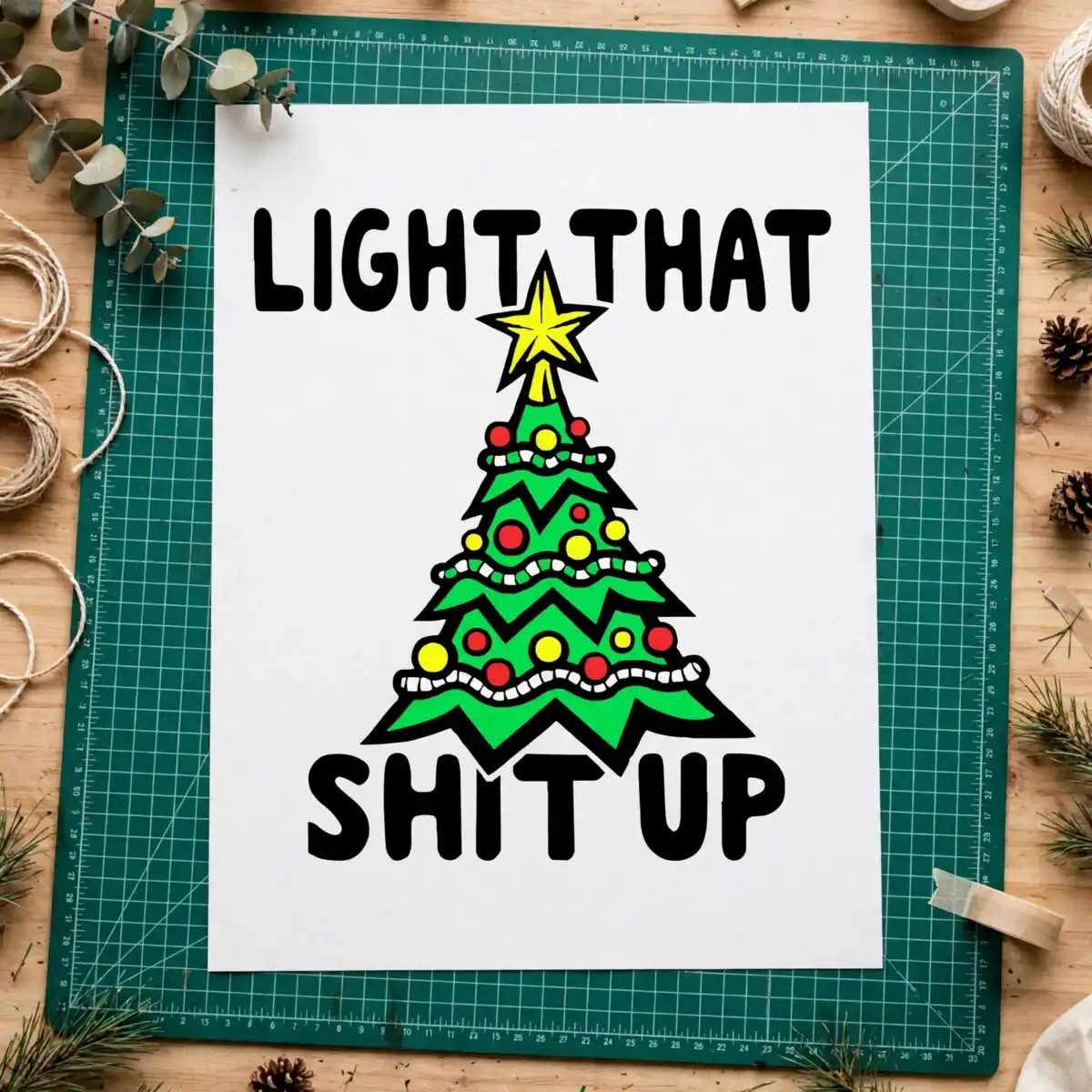 light that shit up funny christmas tree with star and lights light shit up christmas svg design printed on a plain product mockup