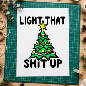 light that shit up funny christmas tree with star and lights light shit up christmas svg design printed on a plain product mockup