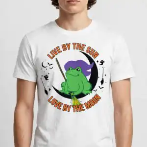 live by the sun love by the moon halloween frog witch shirt design live by the sun love by the moon svg design printed on a plain product mockup