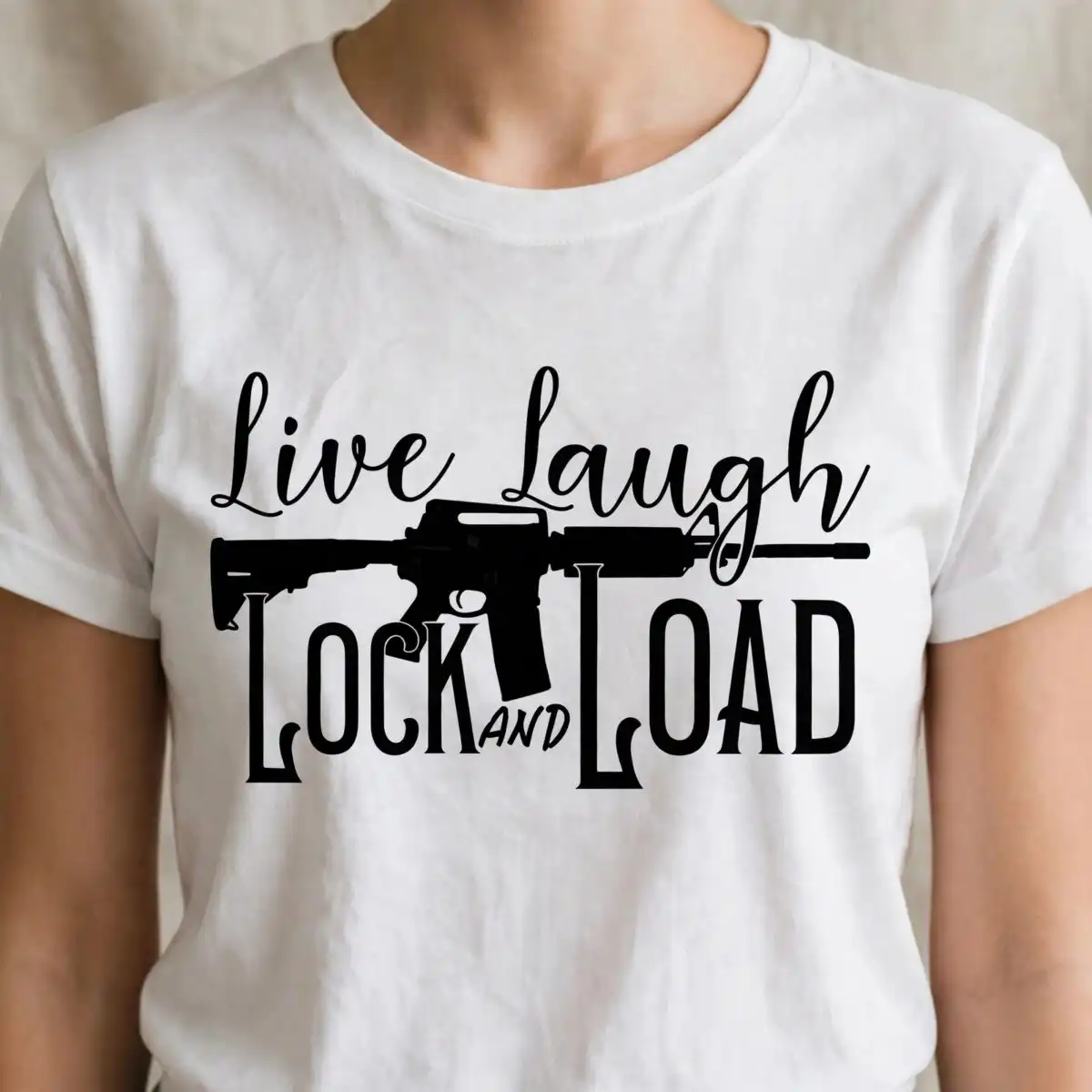 live laugh lock load svg design printed on a plain product mockup