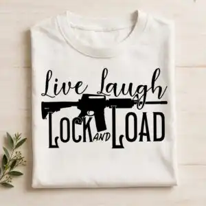 live laugh lock load svg design printed on a plain product mockup