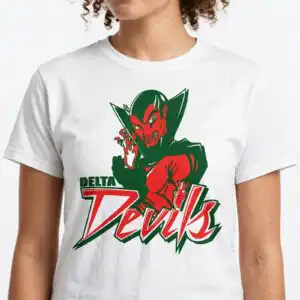 delta devils demon logo - vintage athletic devil mascot for team shirts and decals delta devils logo demon svg design printed on a plain product mockup