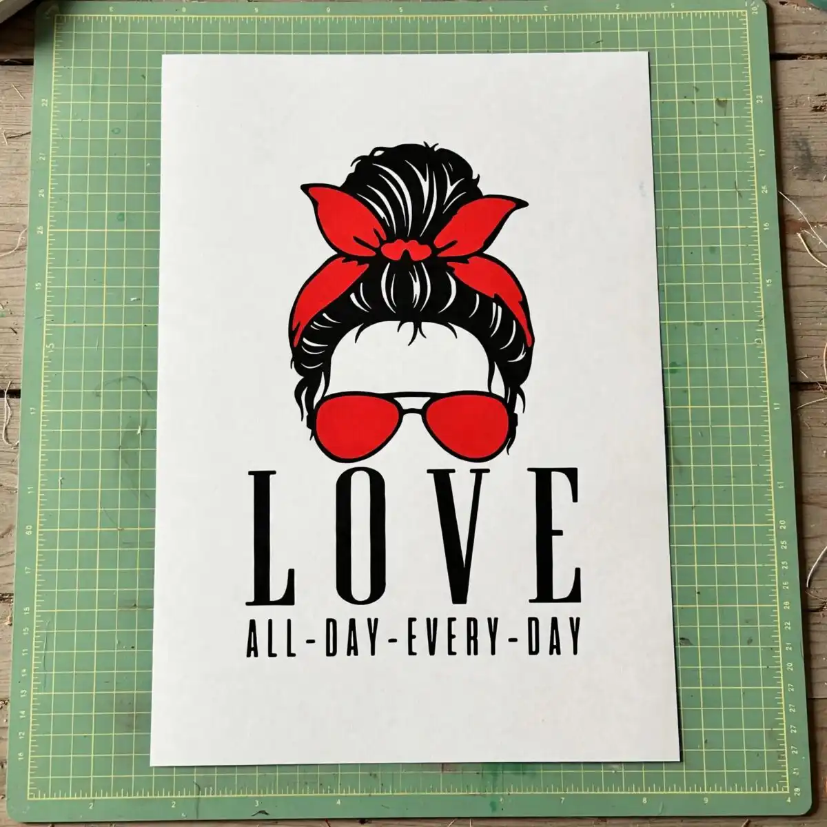 love all day every day messy bun mom graphic for everyday shirts love all day every png design printed on a plain product mockup