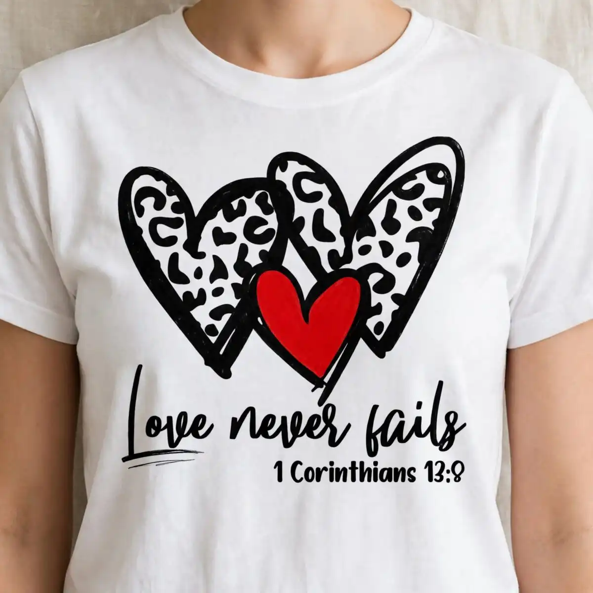 three overlapping hearts love quote with leopard print hearts and bible verse three overlapping hearts love svg design printed on a plain product mockup