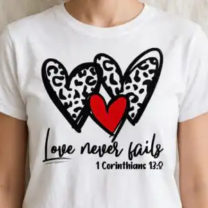 three overlapping hearts love quote with leopard print hearts and bible verse three overlapping hearts love svg design printed on a plain product mockup