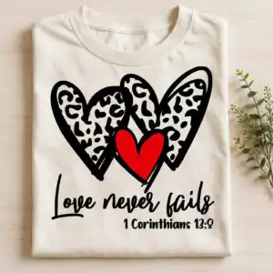 three overlapping hearts love quote with leopard print hearts and bible verse three overlapping hearts love svg design printed on a plain product mockup