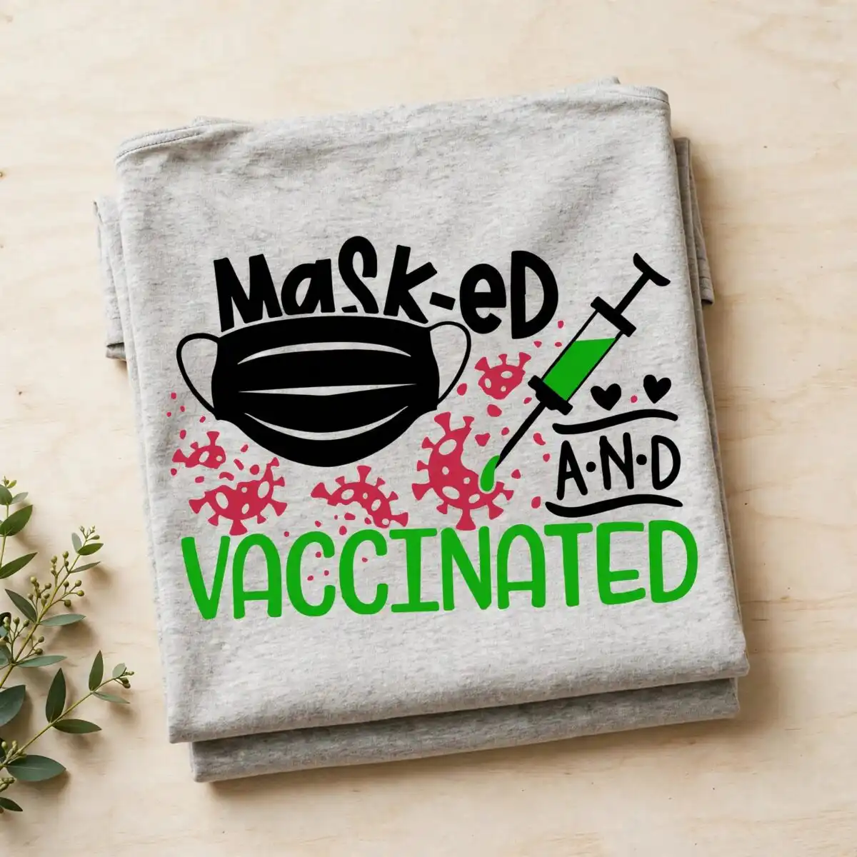 mask vaccination awareness svg design printed on a plain product mockup