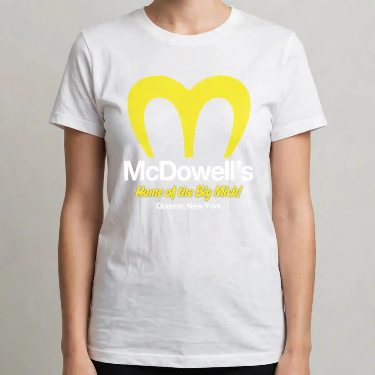 mcdowell's restaurant parody logo svg design printed on a plain product mockup