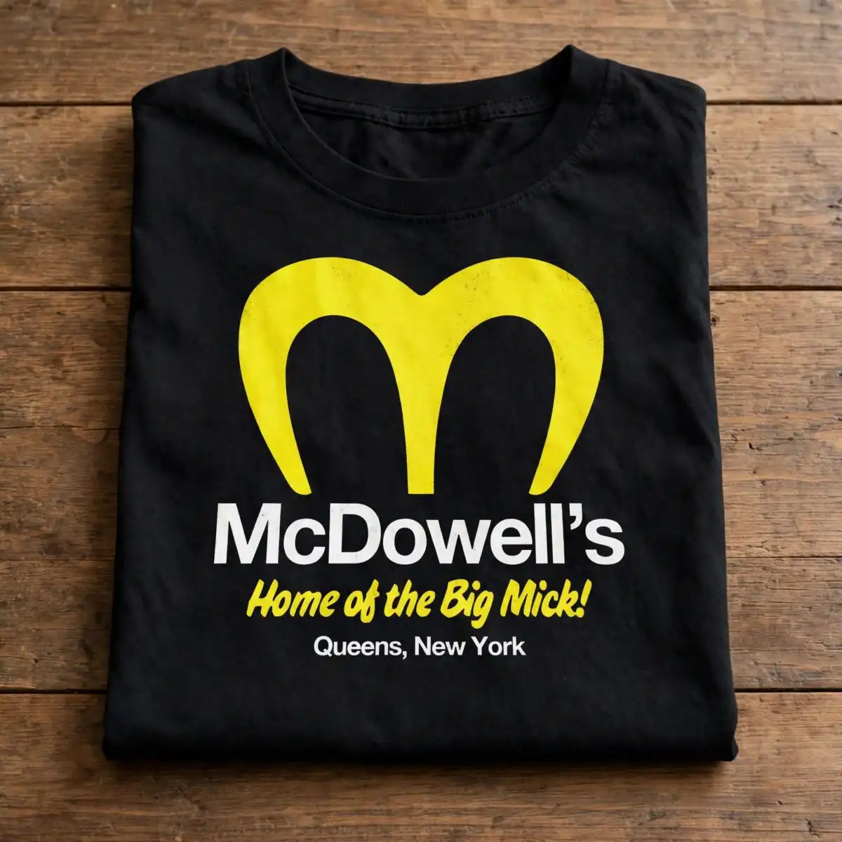mcdowell's restaurant parody logo svg design printed on a plain product mockup