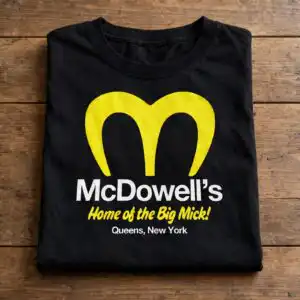 mcdowell's restaurant parody logo svg design printed on a plain product mockup