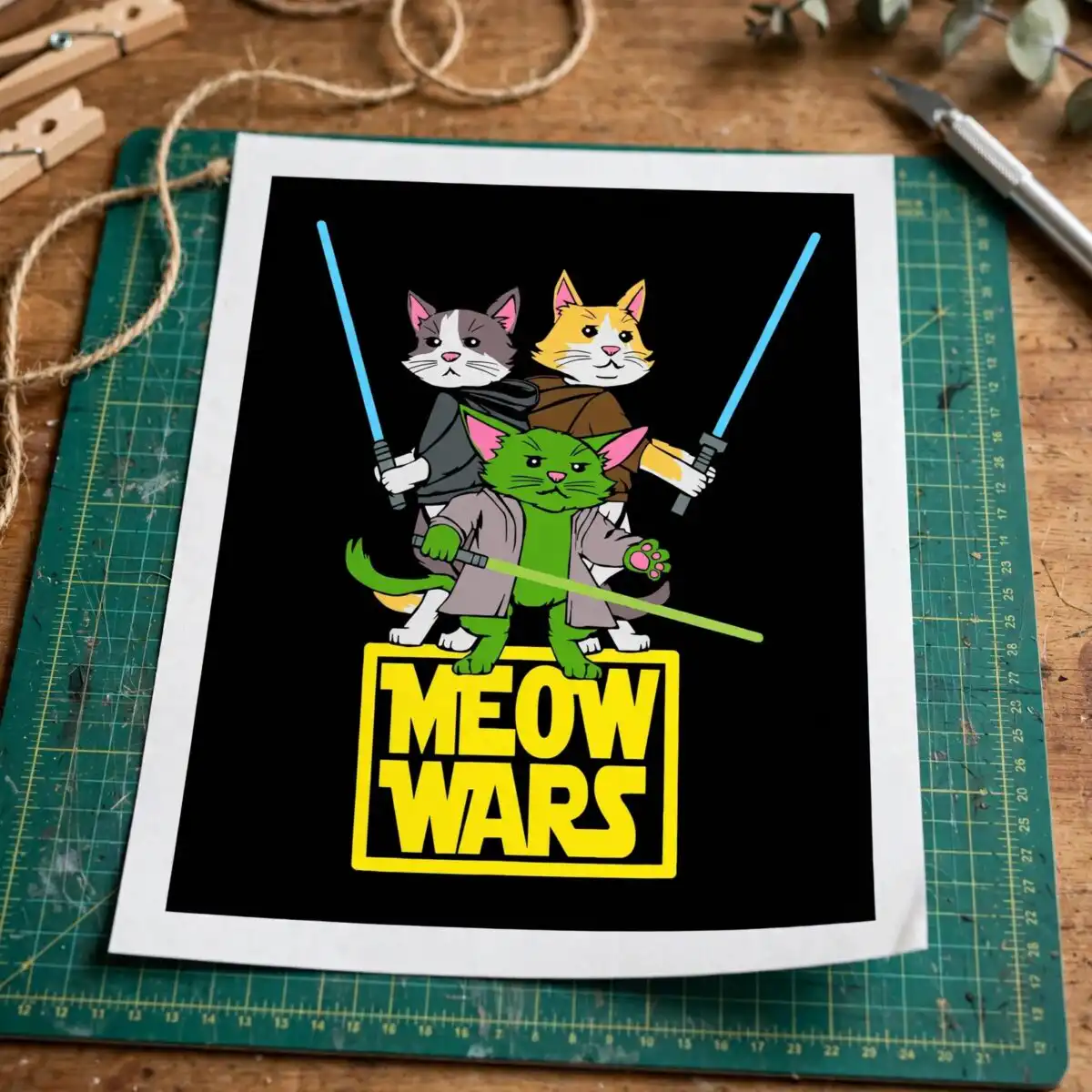 humor three cartoon cats dressed svg design printed on a plain product mockup