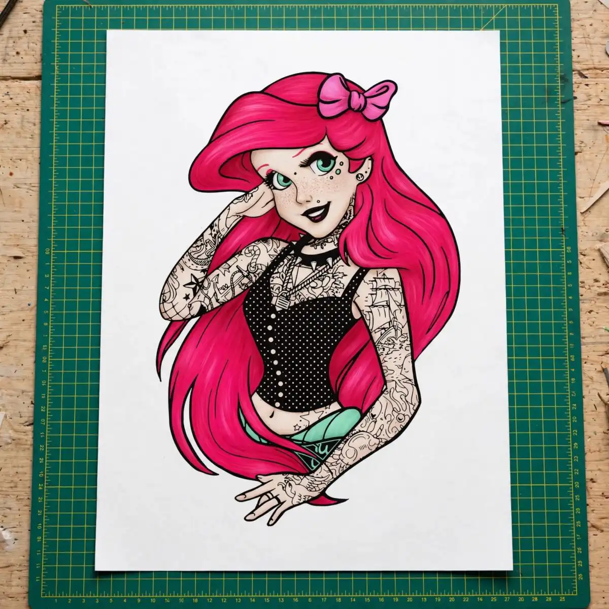 stylized tattooed mermaid woman svg design printed on a plain product mockup