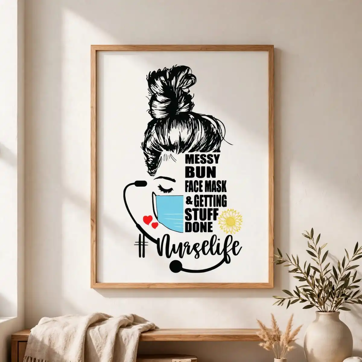 appreciation nurse messy bun face svg design printed on a plain product mockup