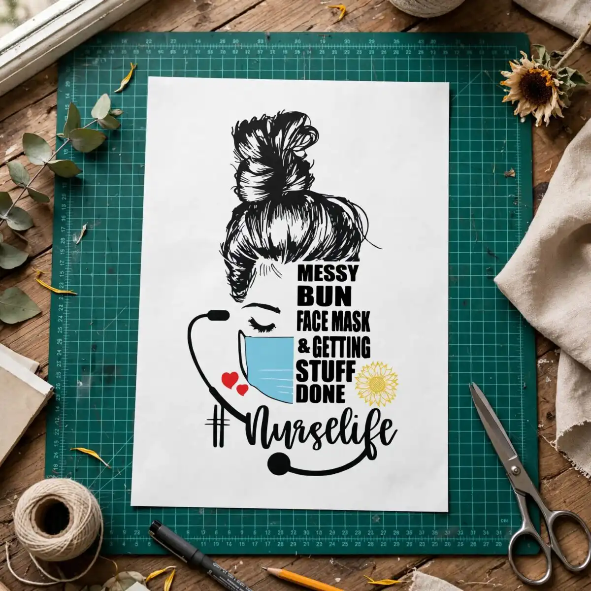appreciation nurse messy bun face svg design printed on a plain product mockup