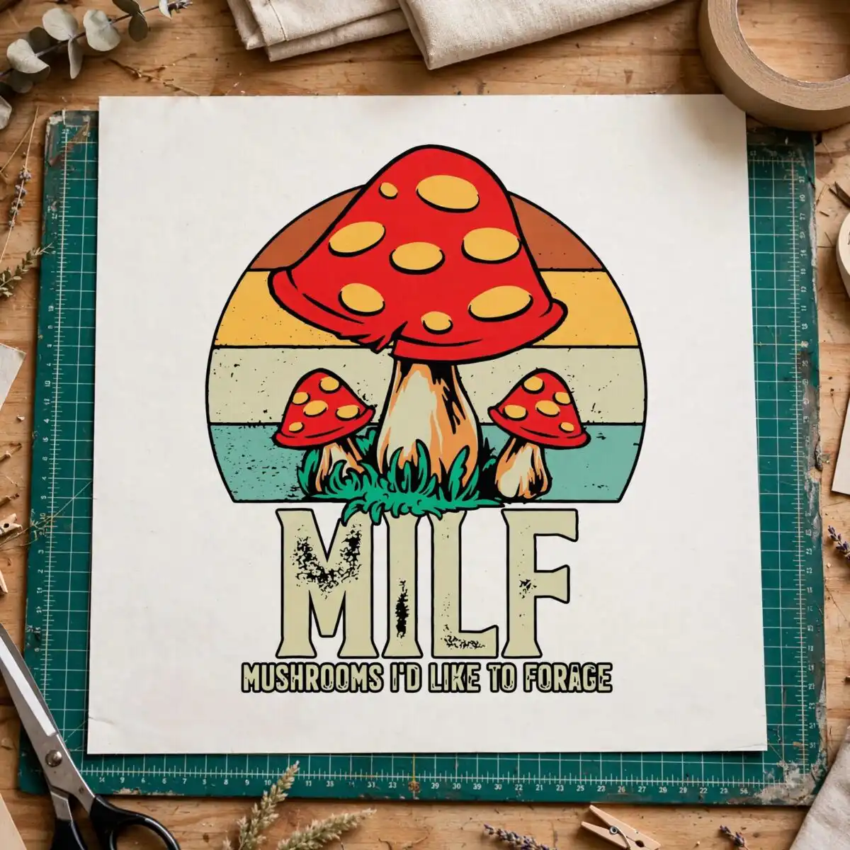 retro mushrooms humorous text svg design printed on a plain product mockup