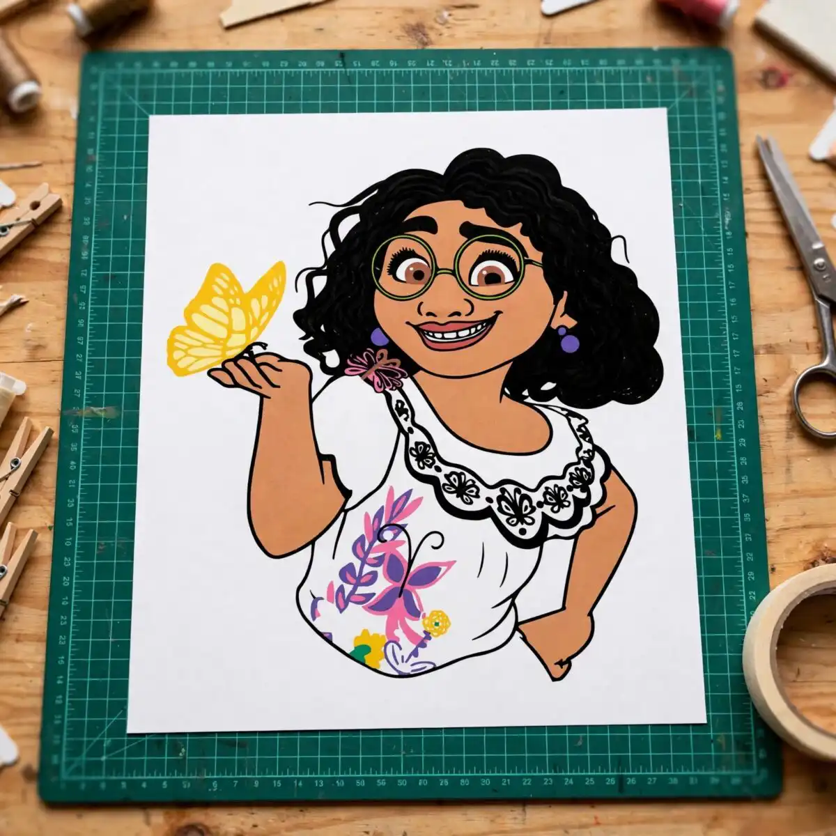 cartoon girl curly hair svg cricut design printed on a plain product mockup