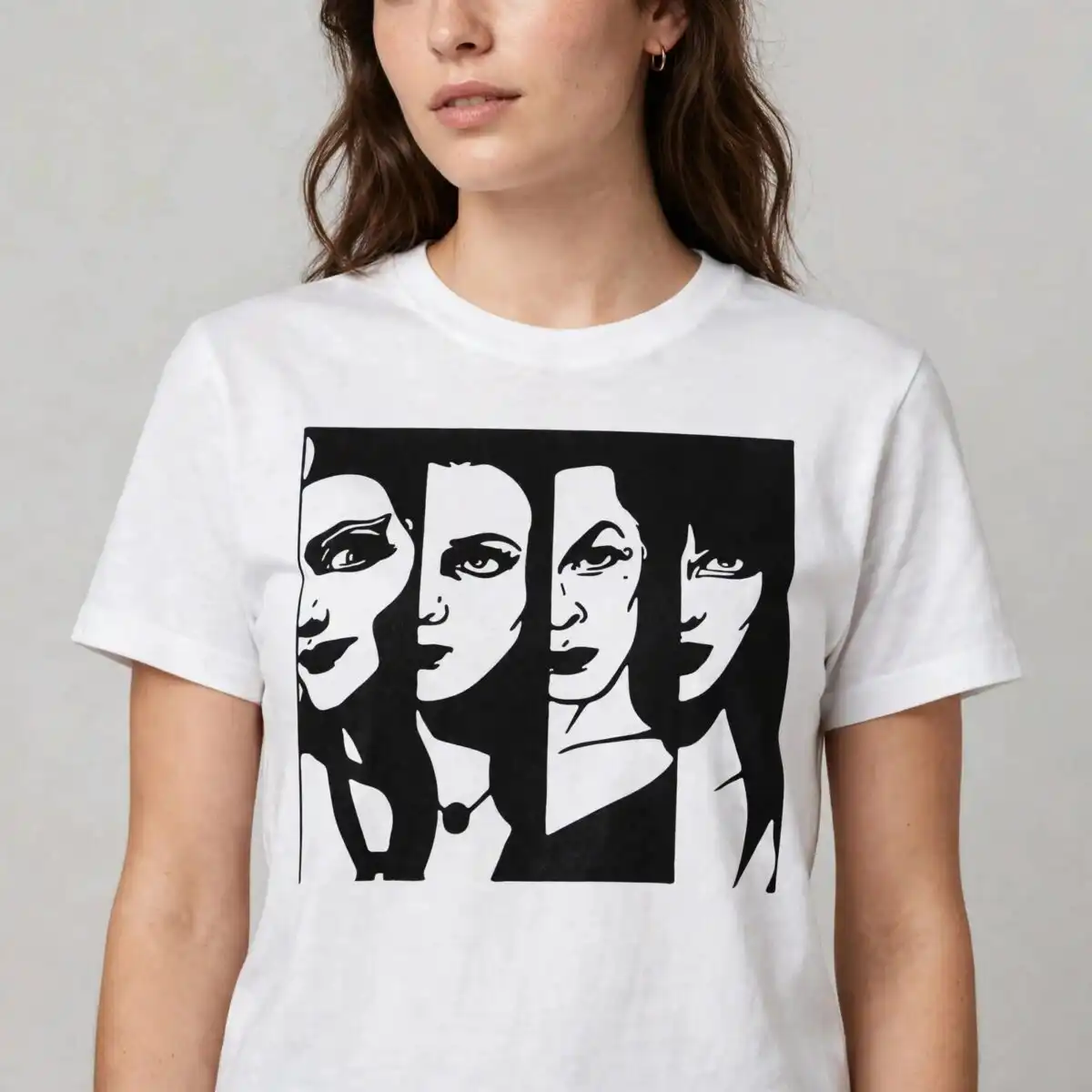 four stylized women's faces svg design printed on a plain product mockup