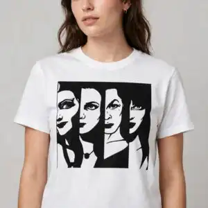 four stylized women's faces svg design printed on a plain product mockup