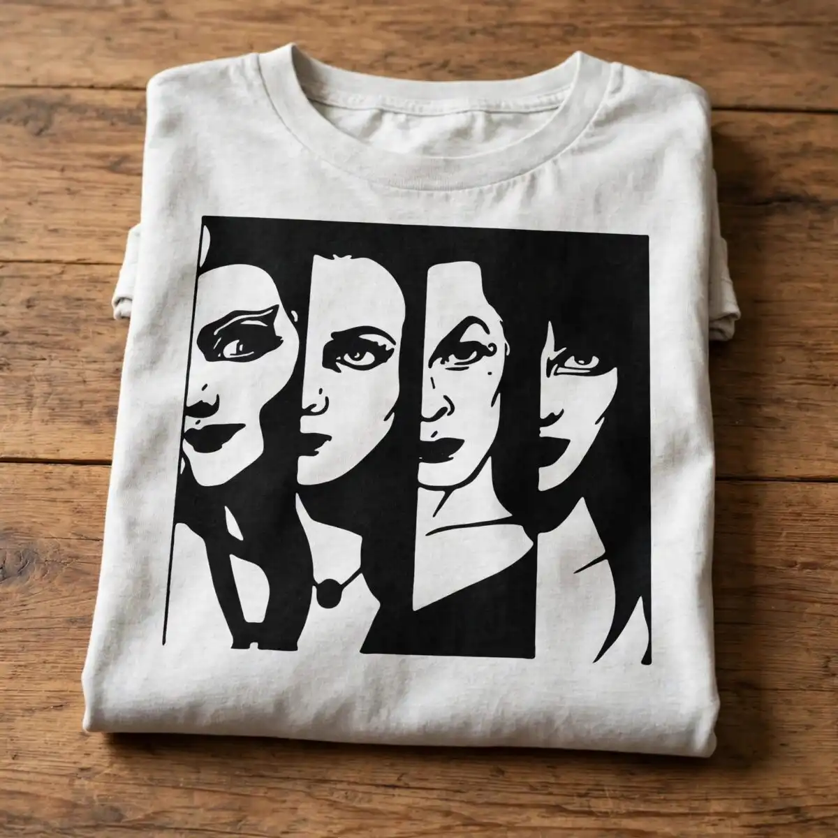 four stylized women's faces svg design printed on a plain product mockup