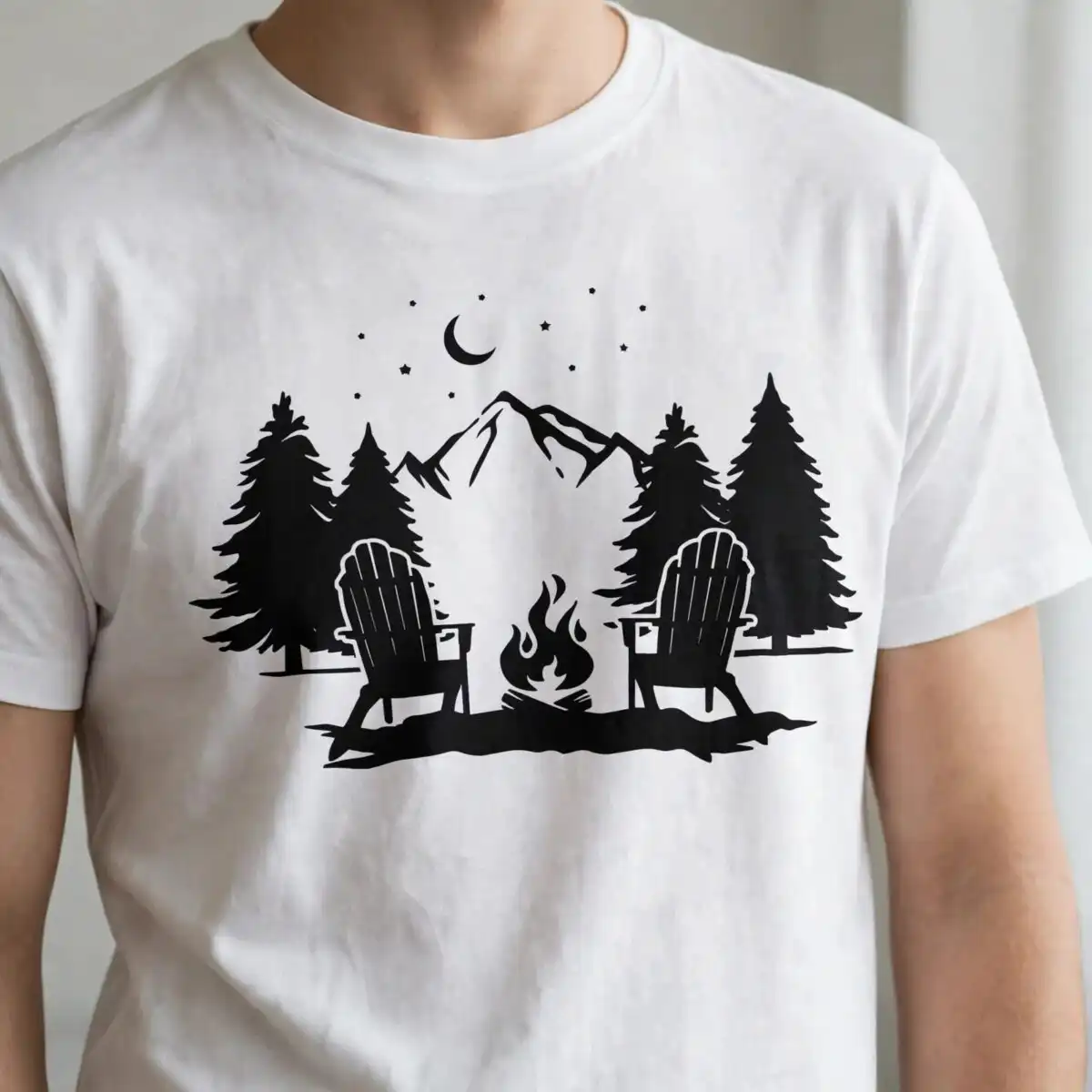 camping cozy nighttime campfire scene svg design printed on a plain product mockup